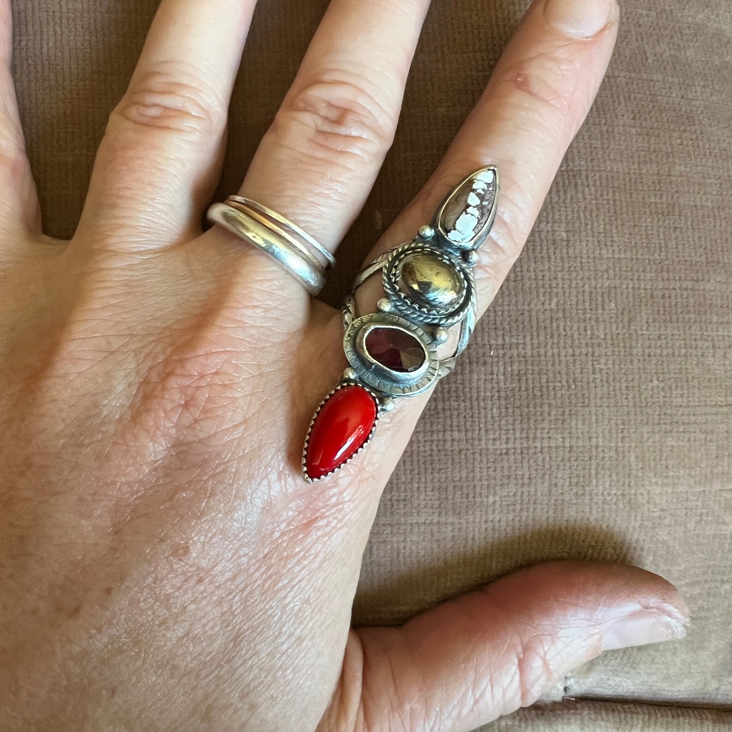 Rosarita, Garnet, Pyrite and Wild Horse Magnesite Ring size 6