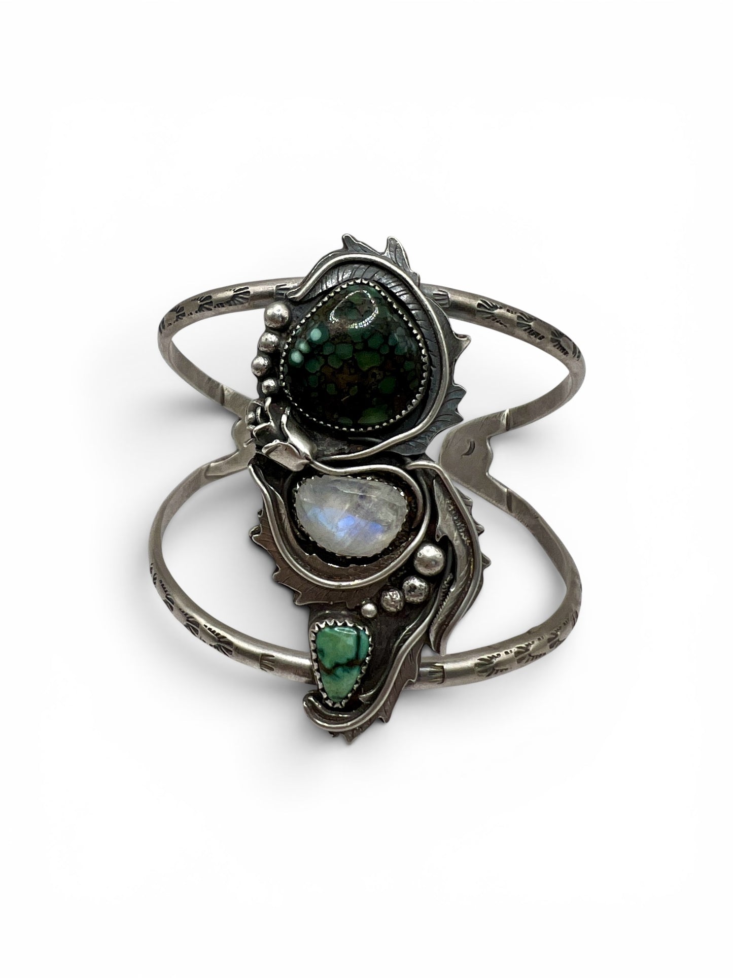 Custom Rose Parade cuff bracelet for Megan: Starfox and New Lander Variscite with Moonstone