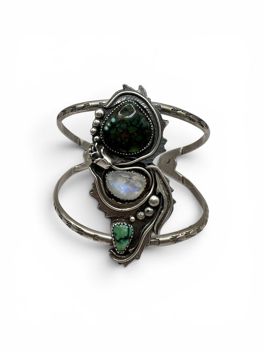 Custom Rose Parade cuff bracelet for Megan: Starfox and New Lander Variscite with Moonstone
