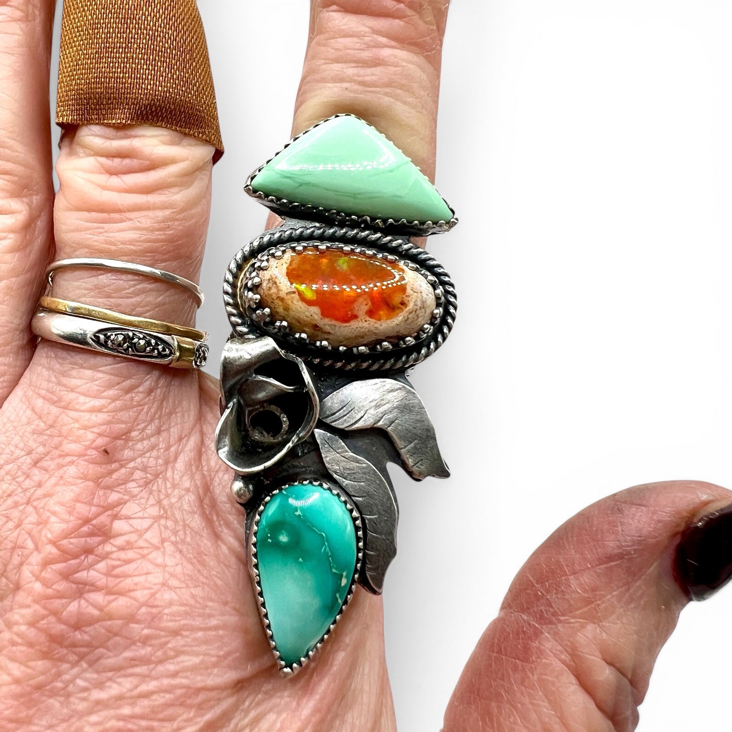 Broken Arrow Variscite, Mexican Fire Opal and Carico Lake Turquoise Rose Parade Ring size 6.5