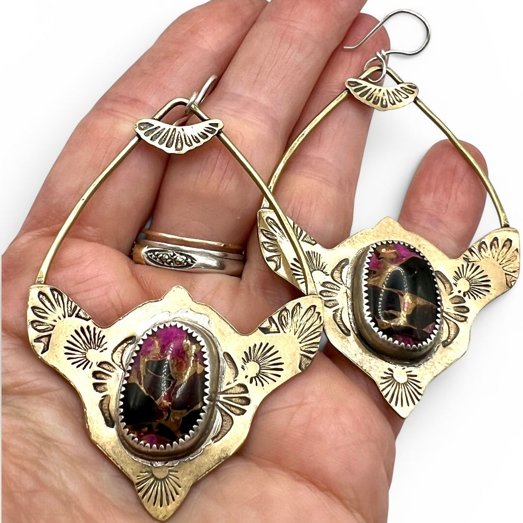 Pink Calcite Black Obsidian Brass Monkey Earrings