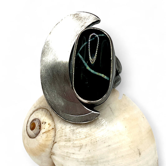 Black Ribbon Turquoise Crescent Ring size 8