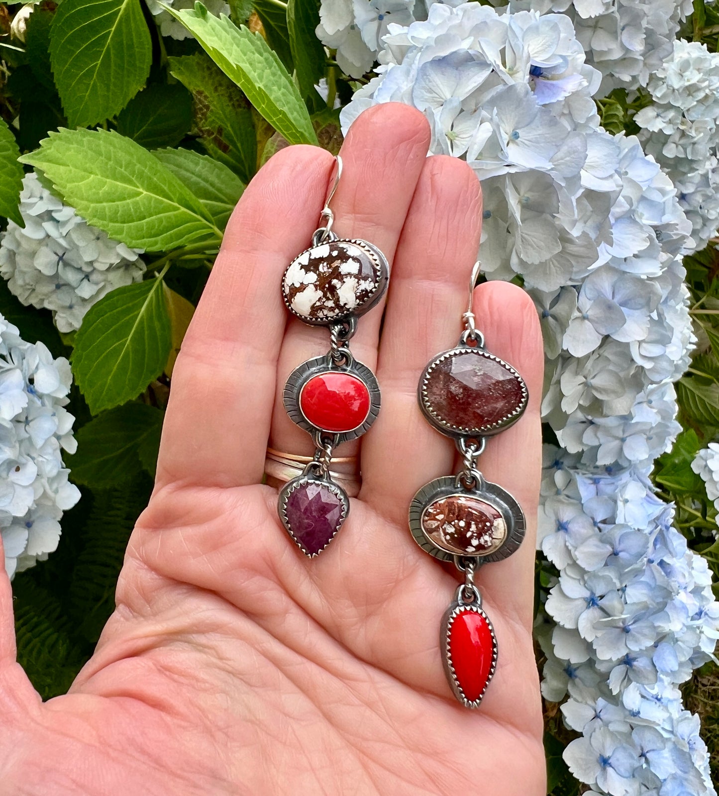 Lollipop Earrings of Wild Horse Magnesite, Rosarita, Ruby and Strawberry Quartz
