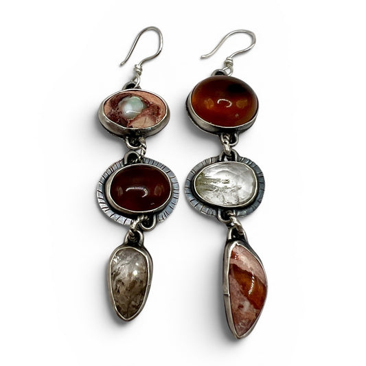 Lollipop Earrings of Mexican Fire Opal, Baltic Amber and Herkimer Diamond