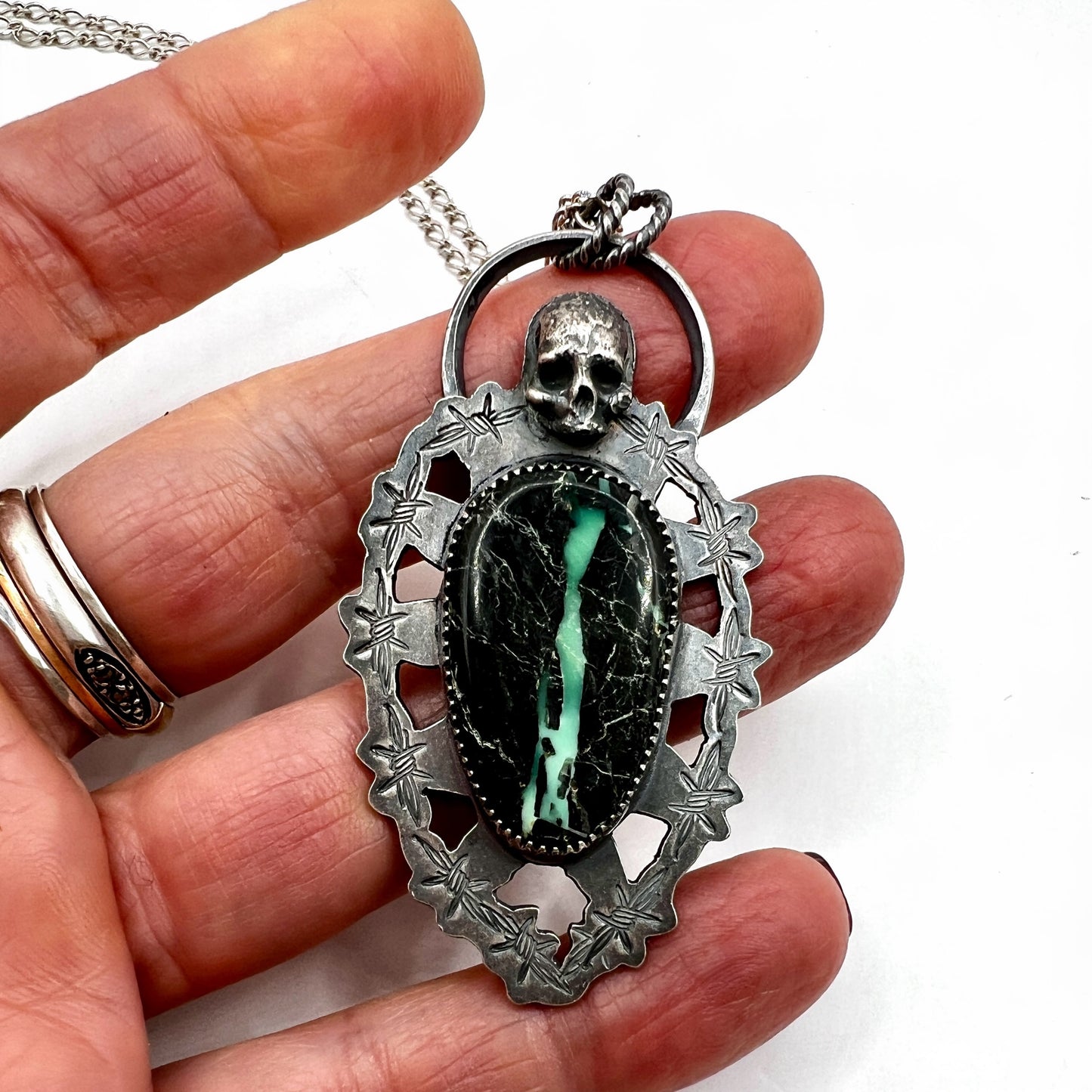 Turquoise Skull Barbed Wire Necklace