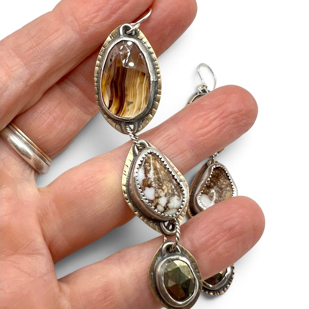Lollipop Earrings of Montana Agate, Wild Horse Magnesite and Pyrite