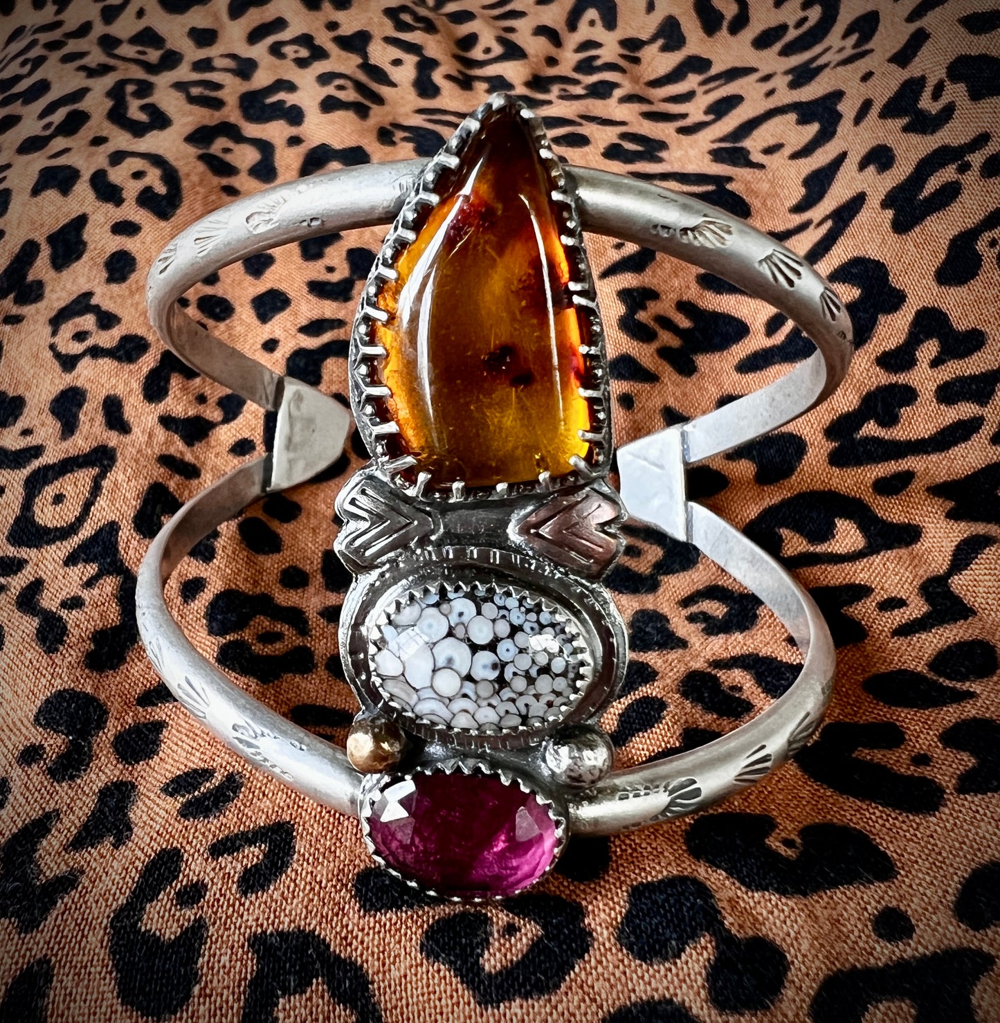 Baltic Amber, Snakeskin Agate and Grape Garnet Arrow Cuff Bracelet