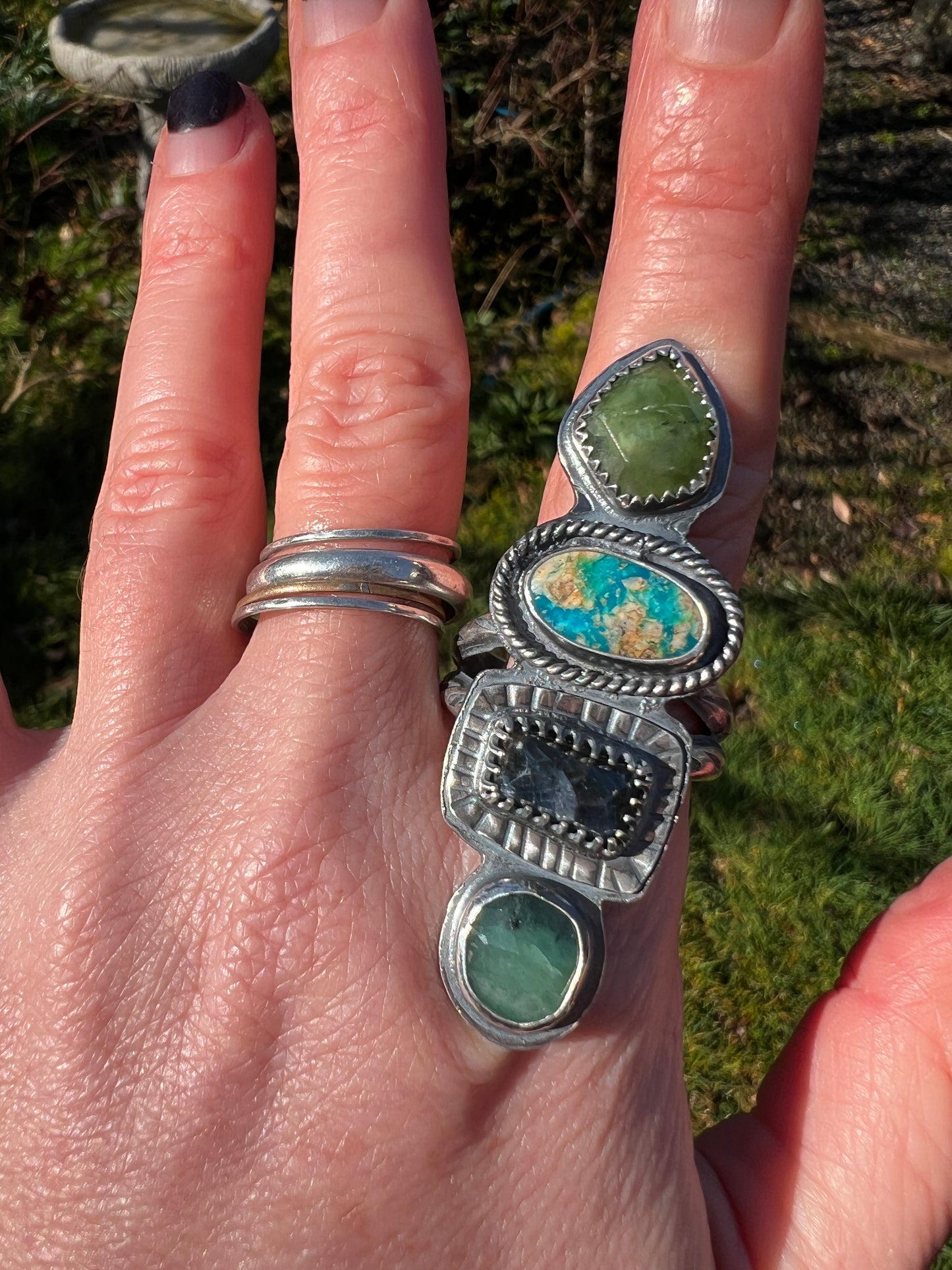 Serpentine, Turquoise, Iolite and Serpentine Quadruple Ring size 11.5