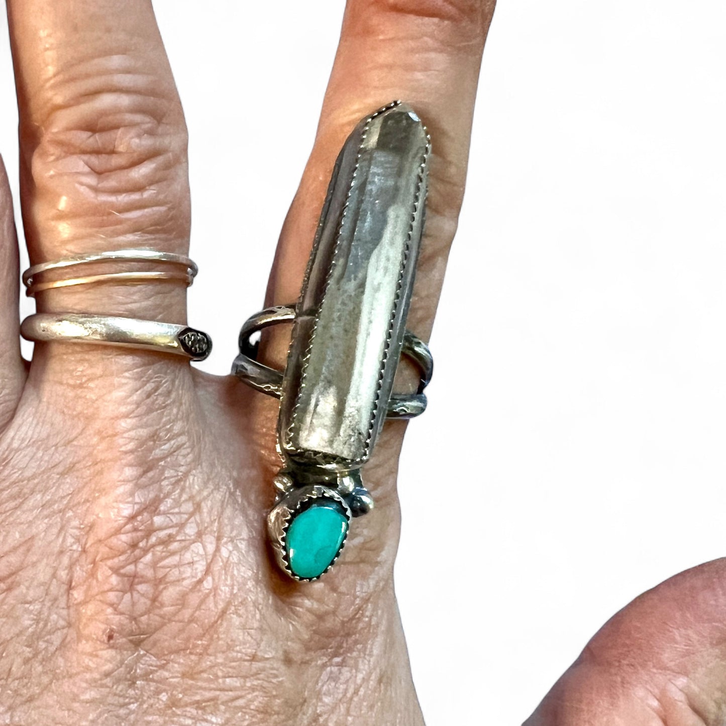 Quartz and Pilot Mountain Turquoise Ring size 7.75