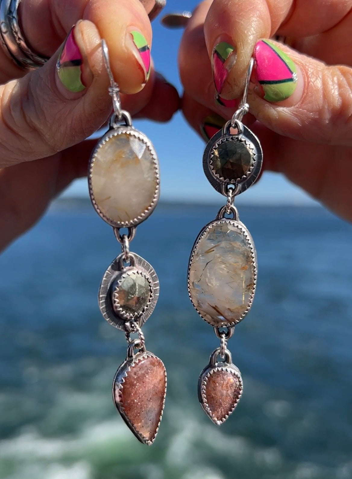 Gold Rutile Quartz, Pyrite and Sunstone Lollipop Earrings