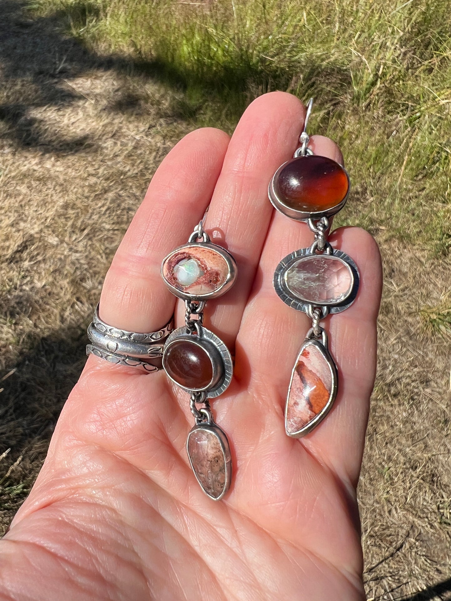 Lollipop Earrings of Mexican Fire Opal, Baltic Amber and Herkimer Diamond