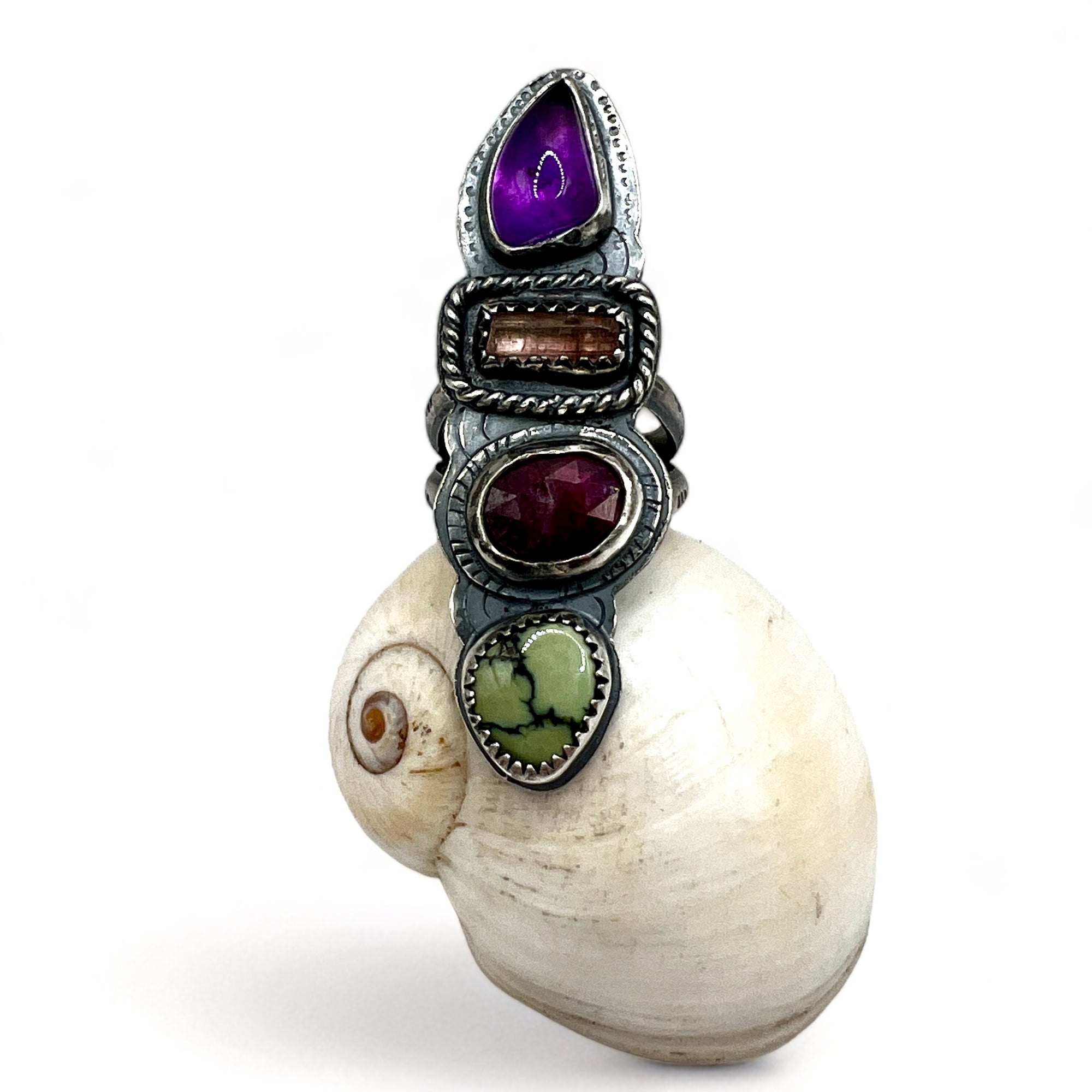 Amethyst, Watermelon Tourmaline, Ruby and Variscite Quadruple Ring size 4