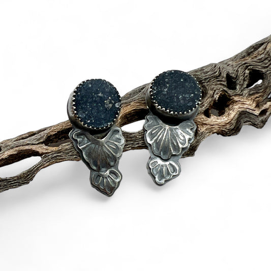 Black Druzy Flourish Studs