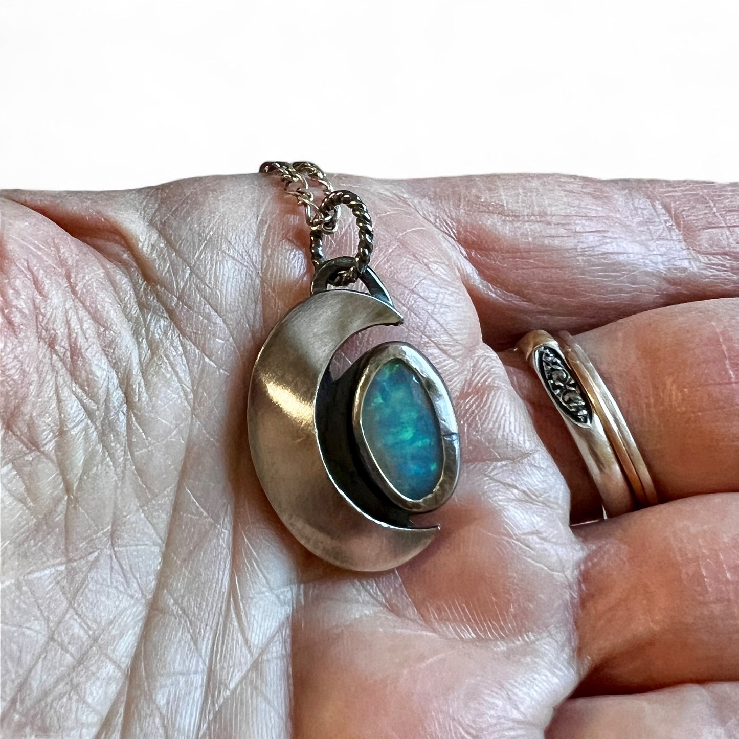 Ethiopian Fire Opal Crescent Moon Necklace