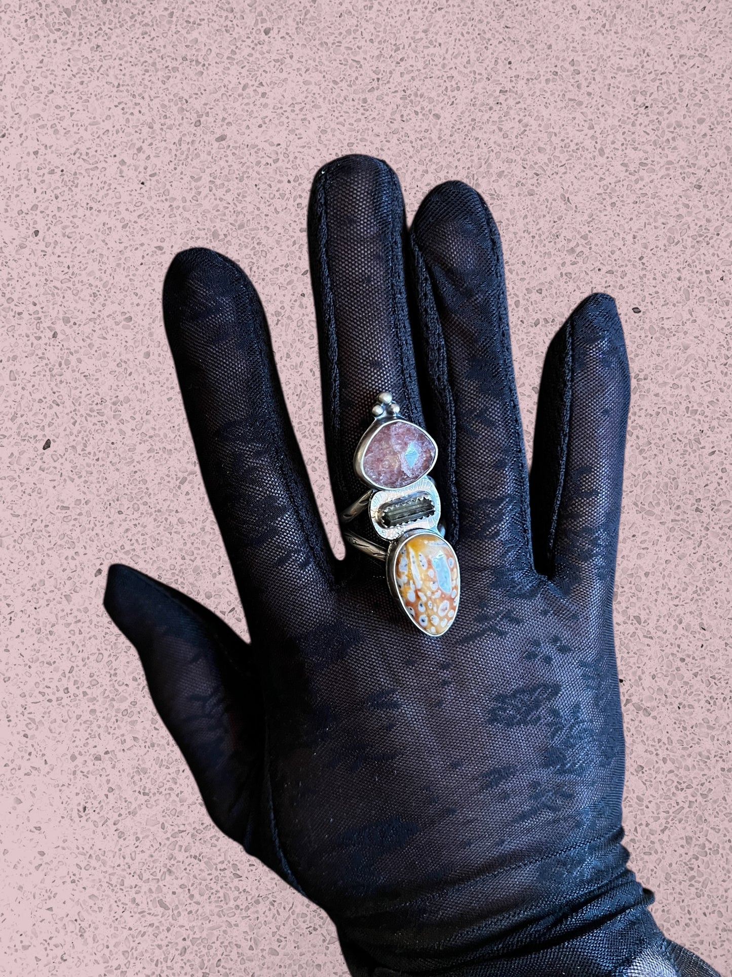 Strawberry Quartz, Tourmaline and Jasper Ring size 7.75