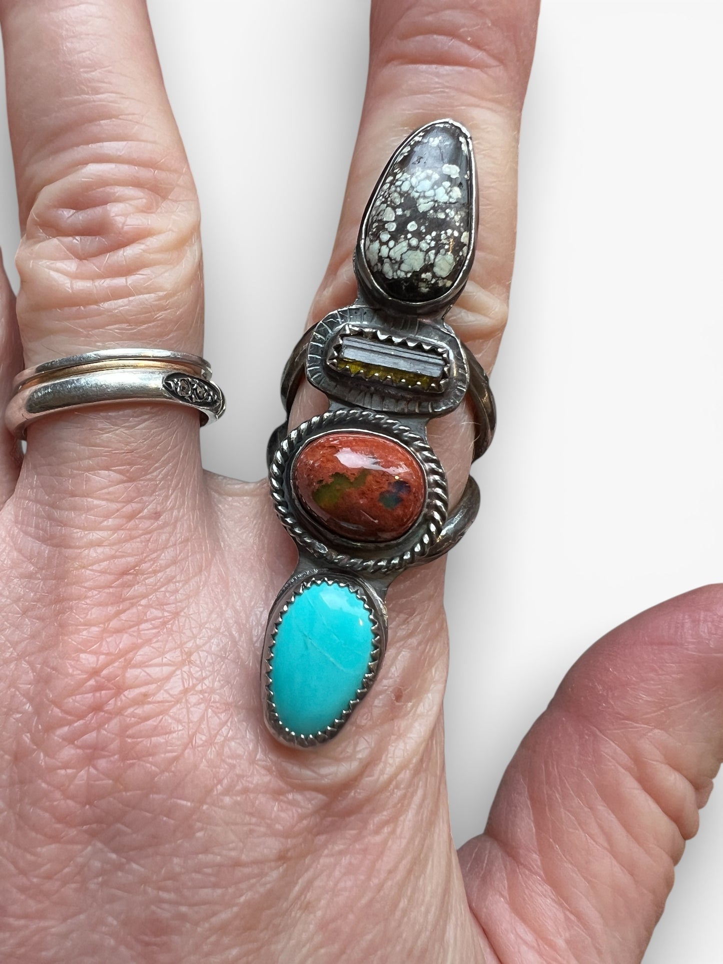 Poseidon Variscite, Watermelon Tourmaline, Mexican Fire Opal and Blue Bandit Turquoise 4 Stone Ring size 5.5