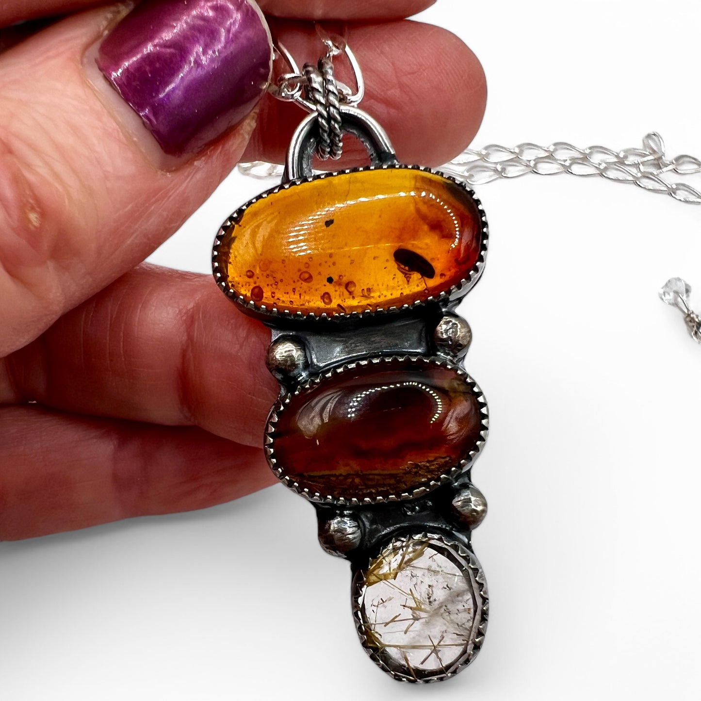 Amber, Agate and Rutile Quartz Necklace