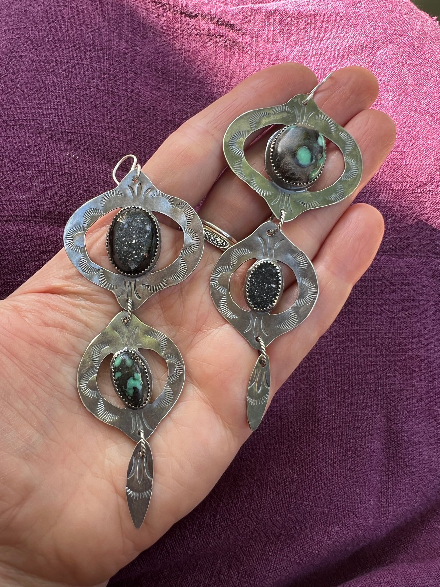 Emerald Rose Variscite and Black Druzy Bombay Beach Earrings