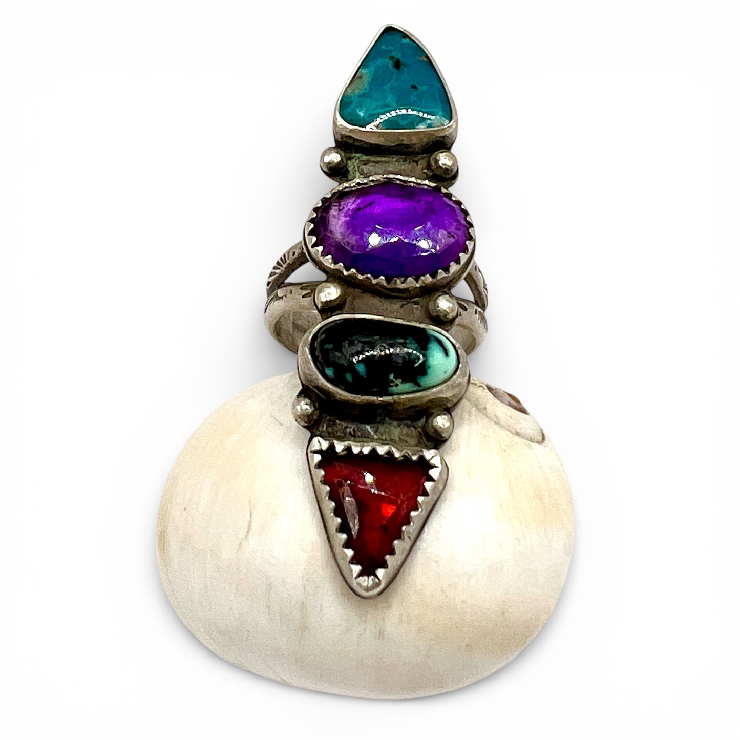 Turquoise, Amethyst, Variscite and Garnet 4 Stone Ring size 7.5