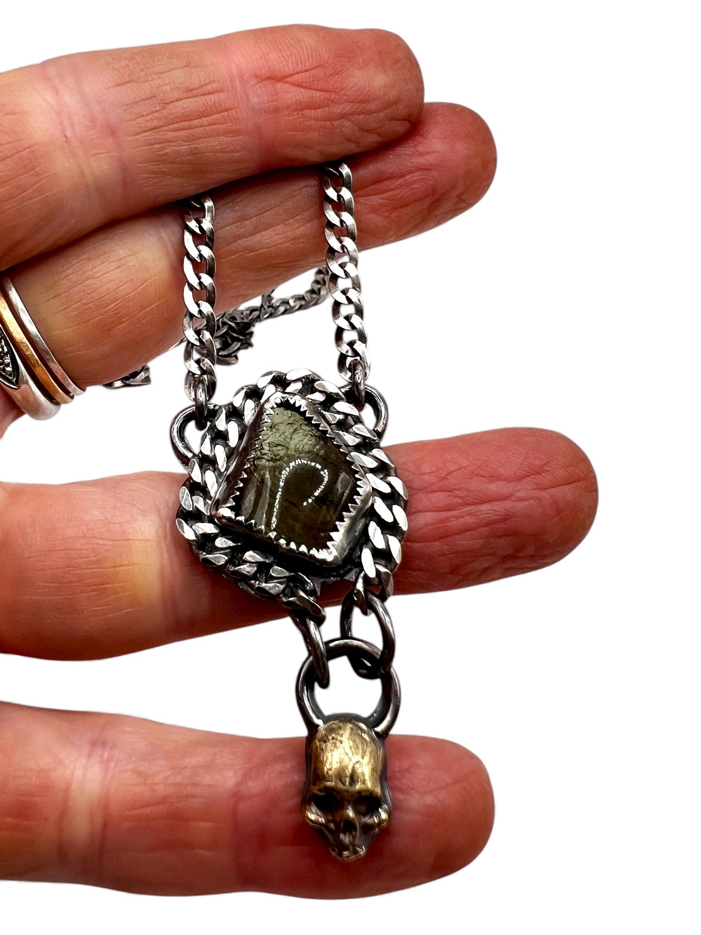 Moldavite Skull Necklace