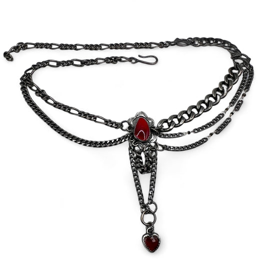 Rosarita and Garnet Heart Thick Multi Chain Necklace