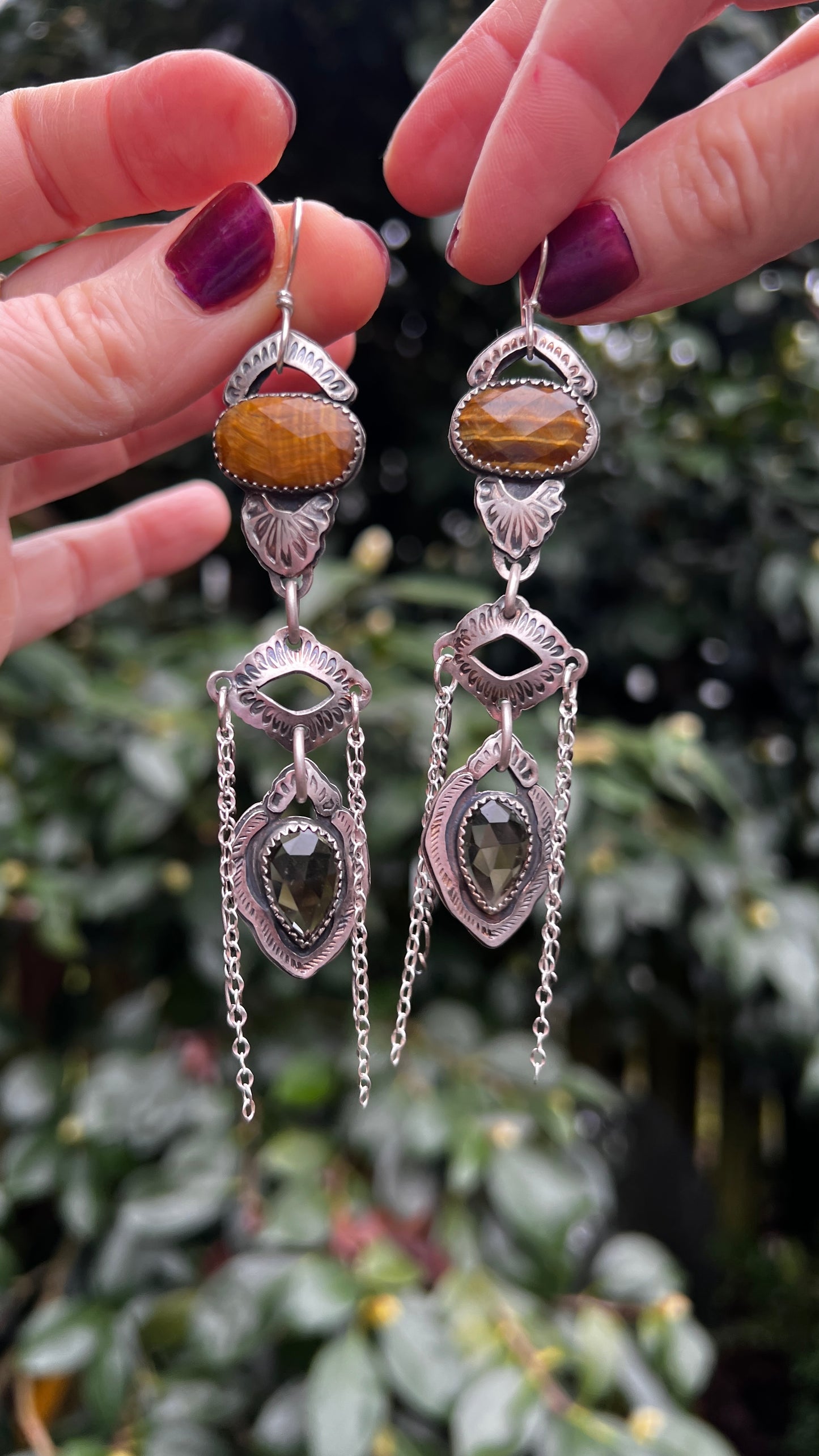 Tigers Eye and Smoky Quartz Dangle Earrings