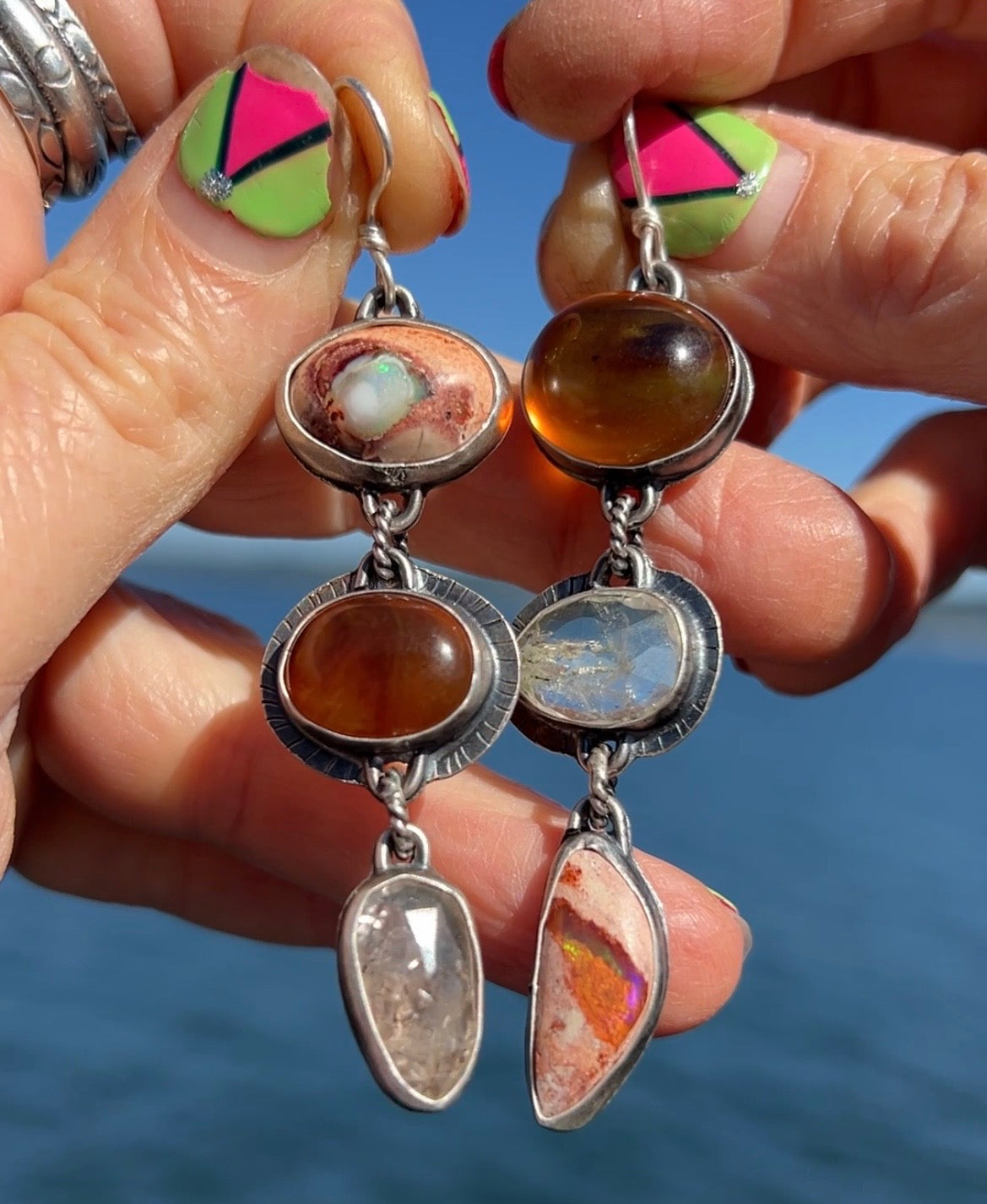 Lollipop Earrings of Mexican Fire Opal, Baltic Amber and Herkimer Diamond
