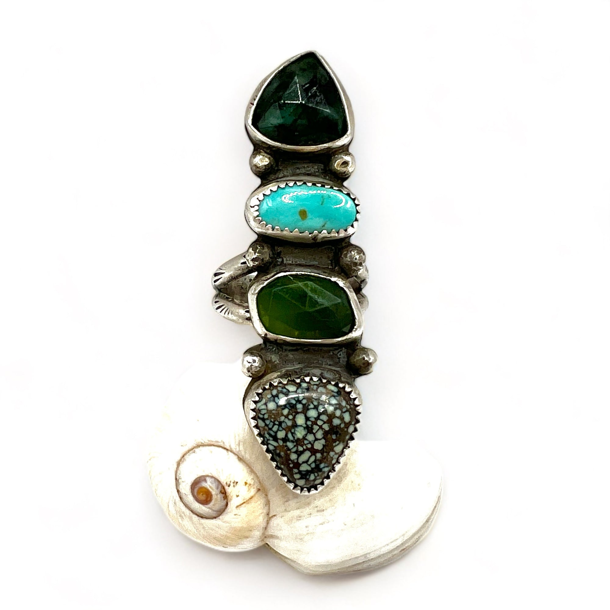 Emerald, Turquoise and Serpentine Quadruple Ring size 5.75