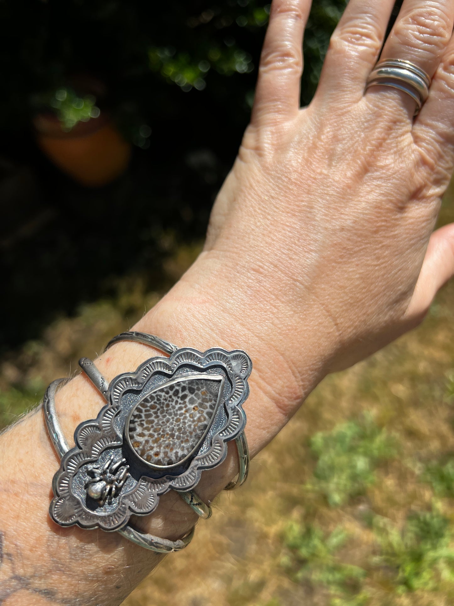 Fossil Coral Spider Cuff Bracelet