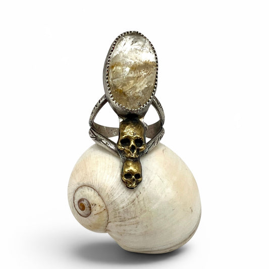 Herkimer Diamond Double Skull Ring size 8.5