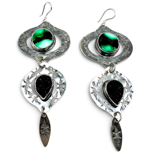 Emerald Rose Variscite and Black Druzy Bombay Beach Earrings