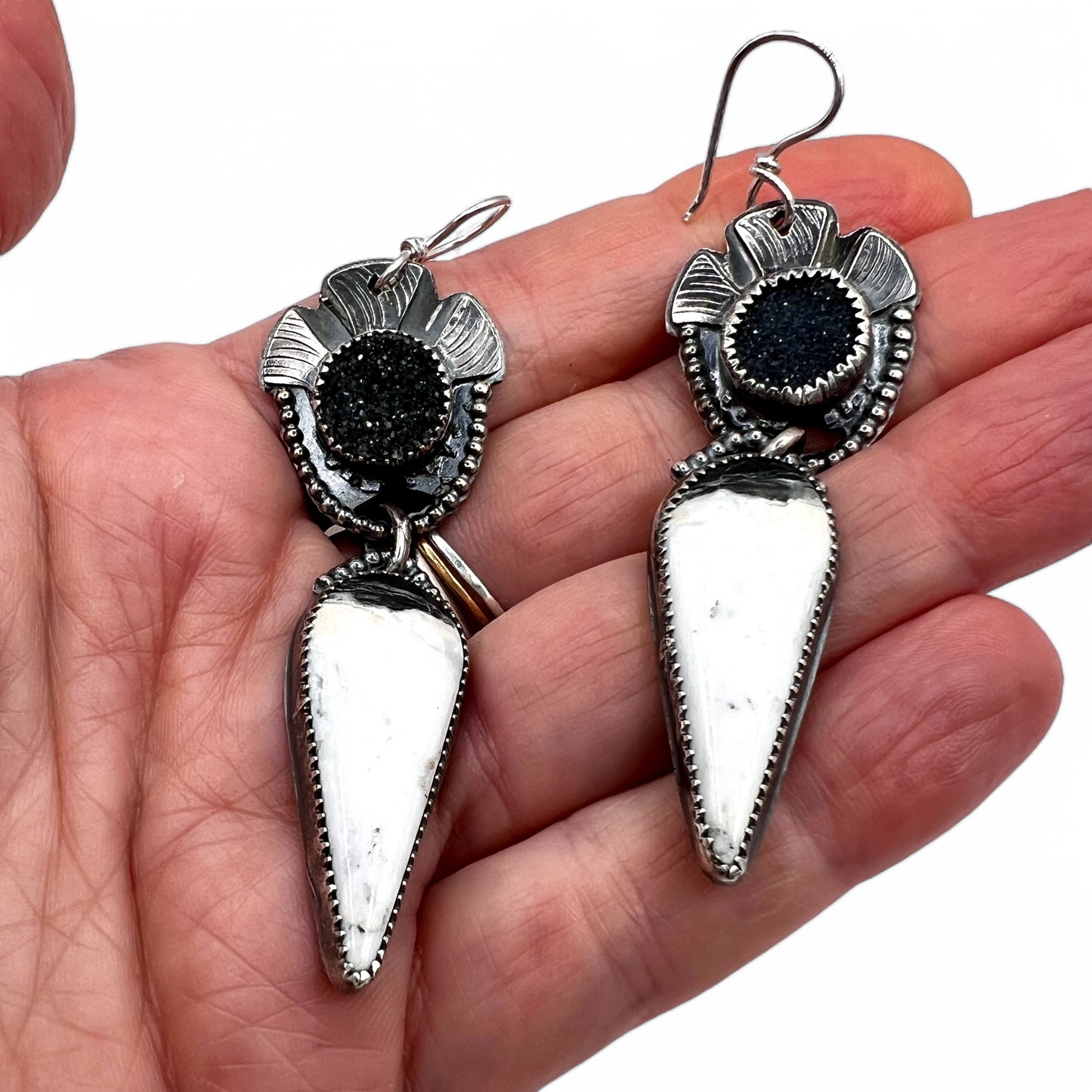 Black Druzy and White Buffalo Turquoise Earrings