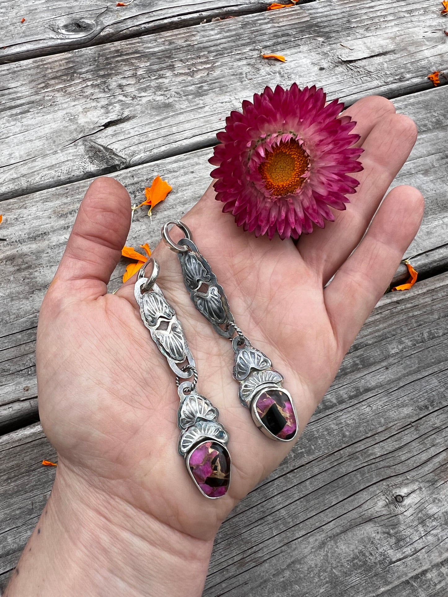 Easy Rider Huggie Hoop Earrings in Pink Calcite Black Onyx