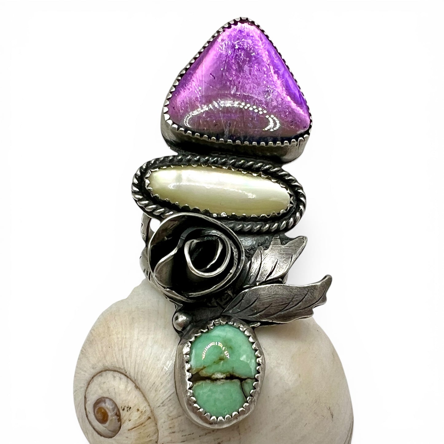 Rutilated Quartz Doublet, Mother-of-Pearl and Desert Bloom Variscite Rose Parade Ring size 5.5