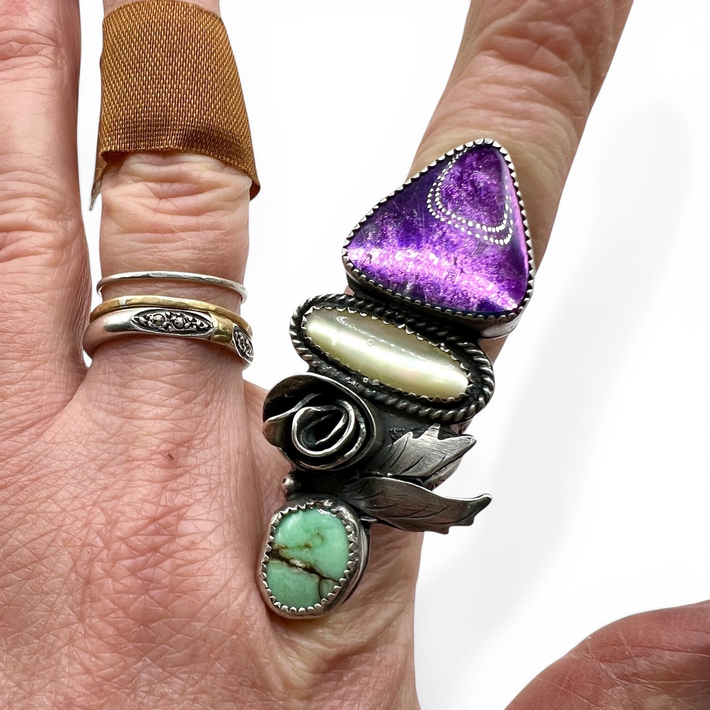 Rutilated Quartz Doublet, Mother-of-Pearl and Desert Bloom Variscite Rose Parade Ring size 5.5