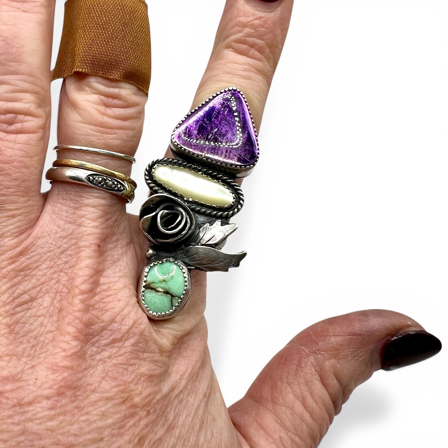 Rutilated Quartz Doublet, Mother-of-Pearl and Desert Bloom Variscite Rose Parade Ring size 5.5