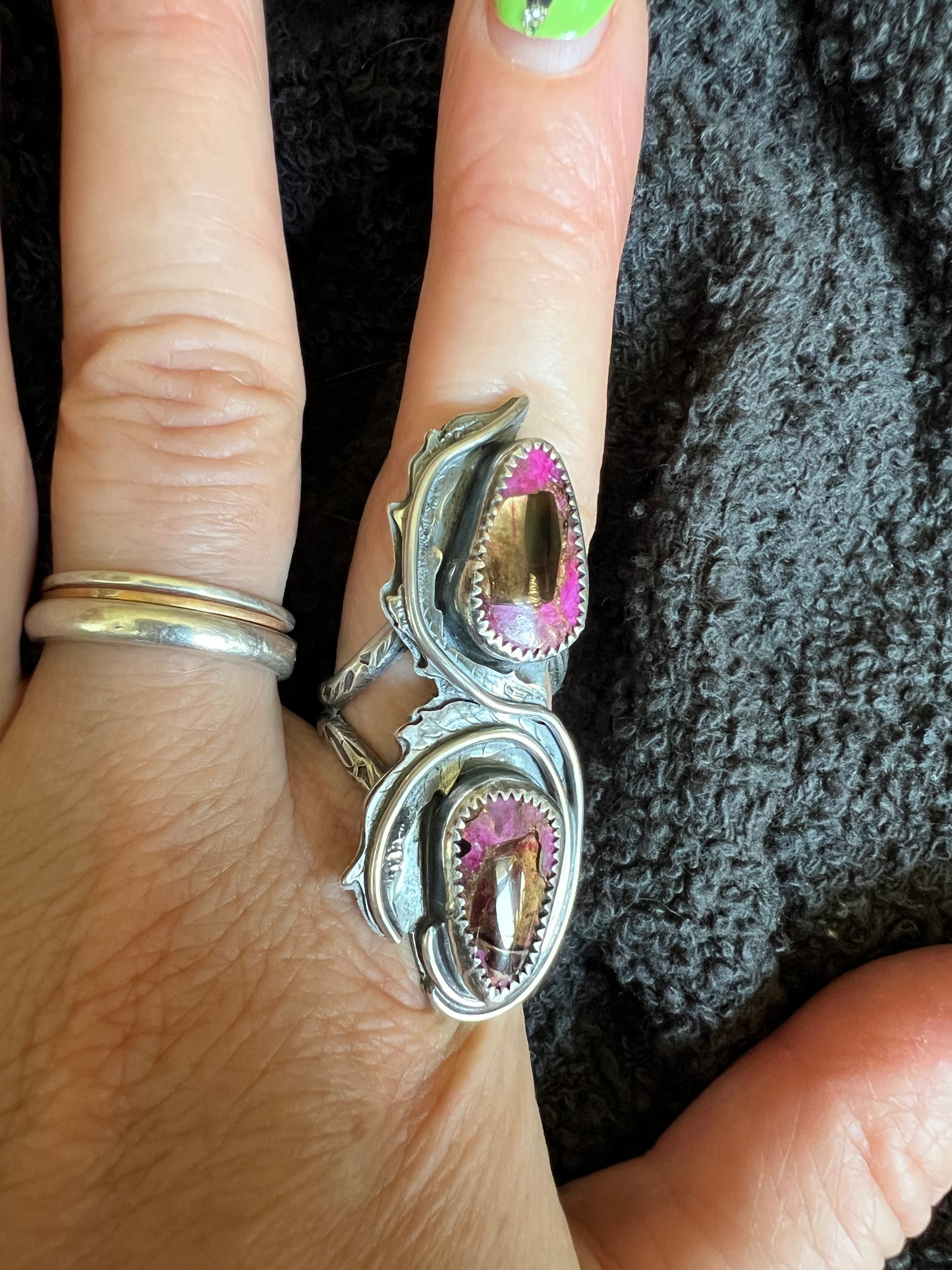Pink Calcite Black Onyx Rose Parade Ring size 7.5