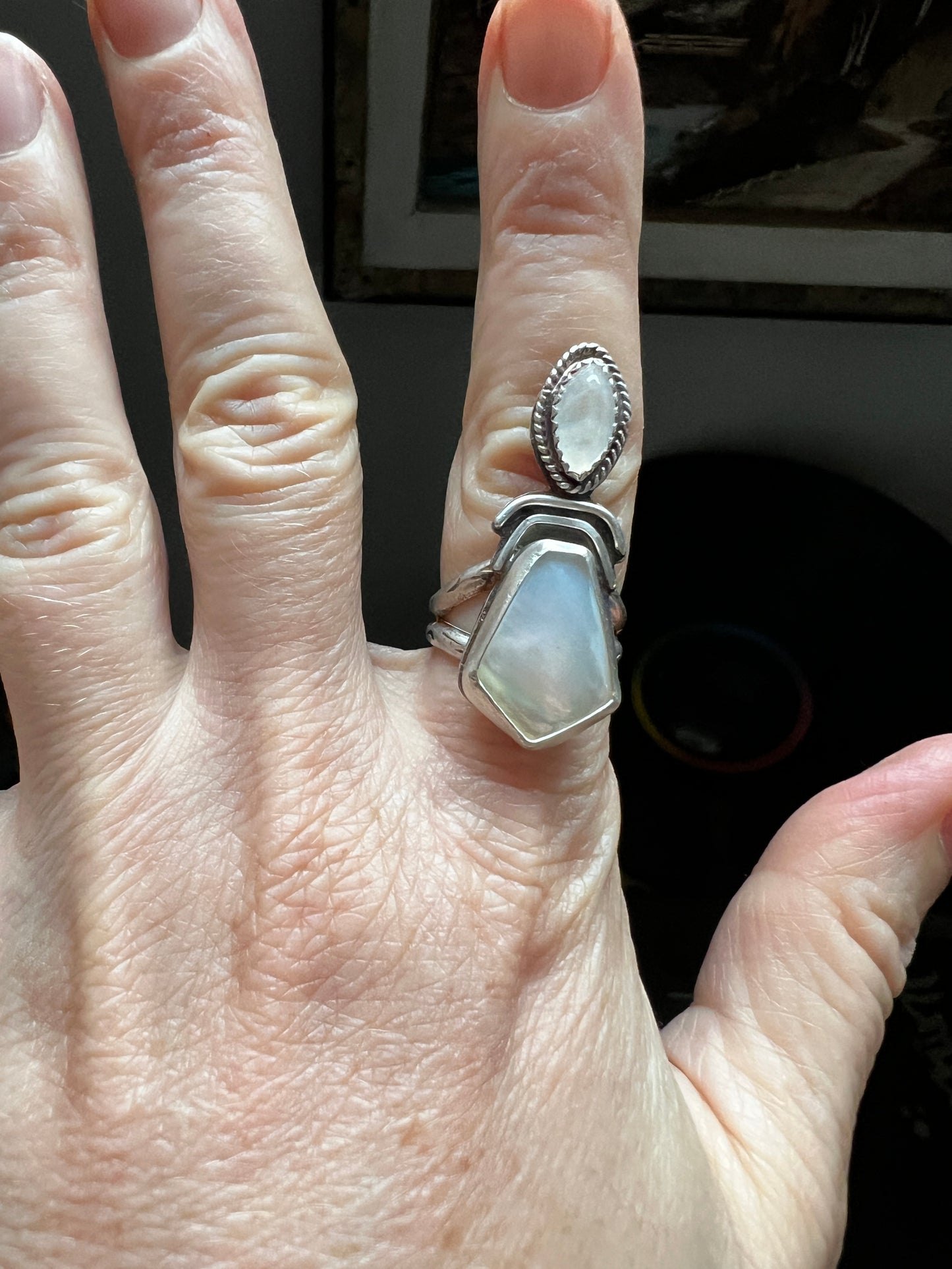 Moonstone and Abalone Parnassus Ring size 6.5