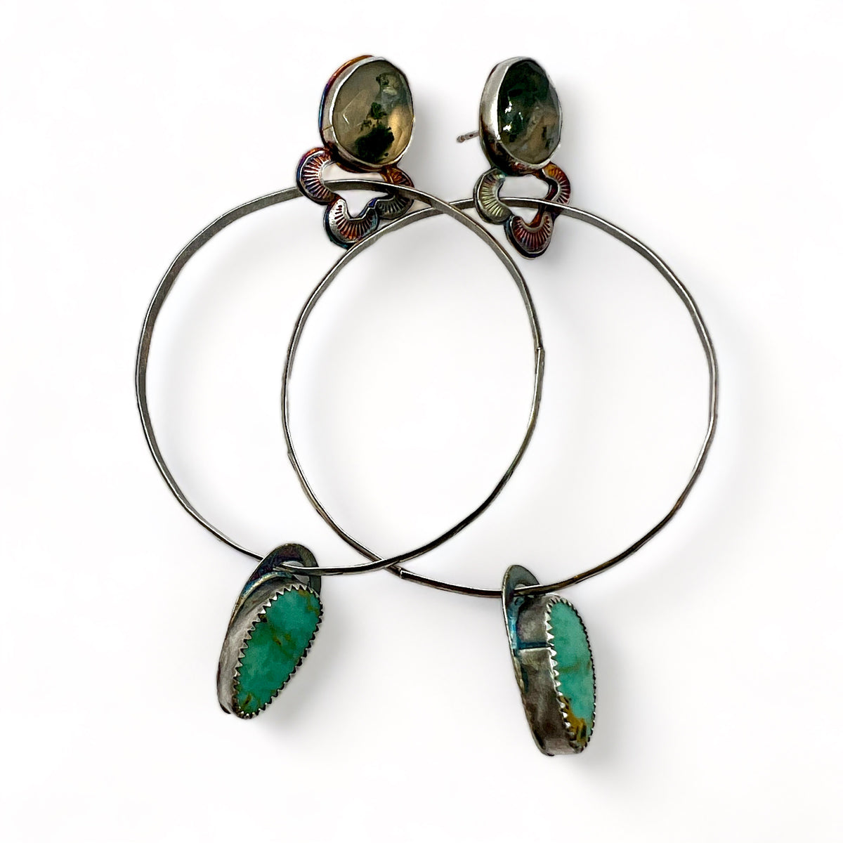 Moss Agate and Kingman Turquoise Otter Hoops