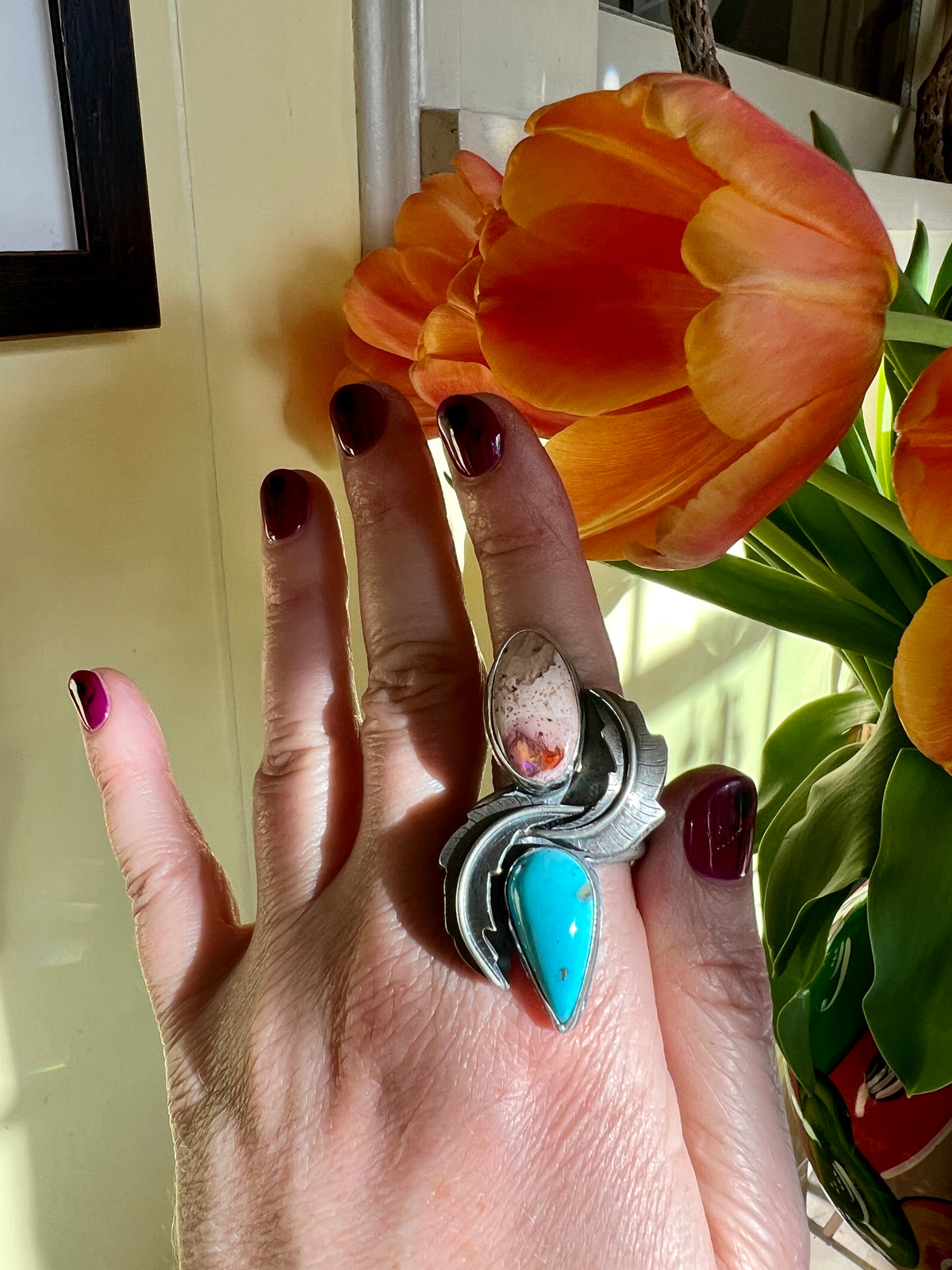 Feather Ring in Opal and Turquoise size 9