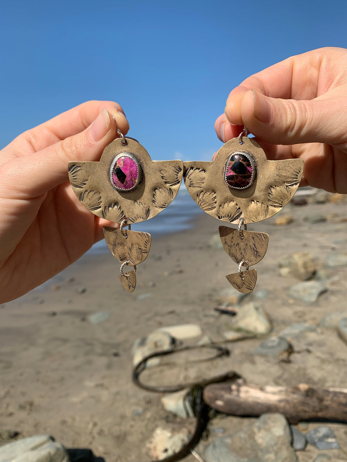 Brass Pink Calcite &amp; Black Onyx Sunbird Earrings