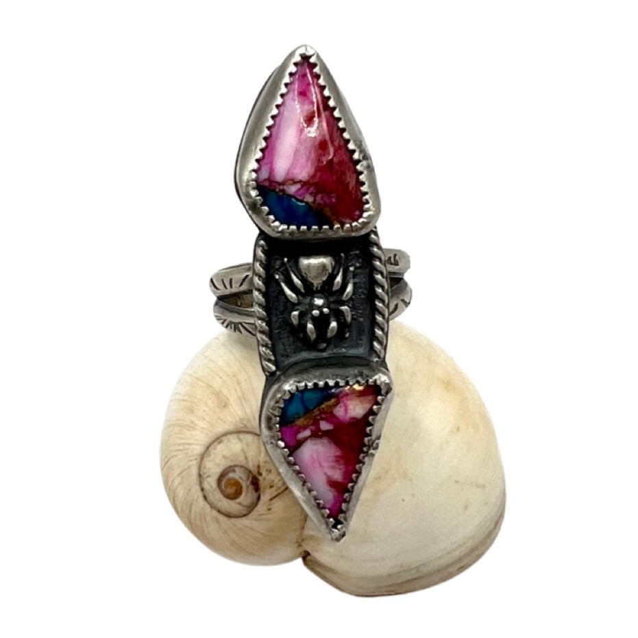 Pink Peruvian Opal Purple Mojave Turquoise  and Spider Ring size 6
