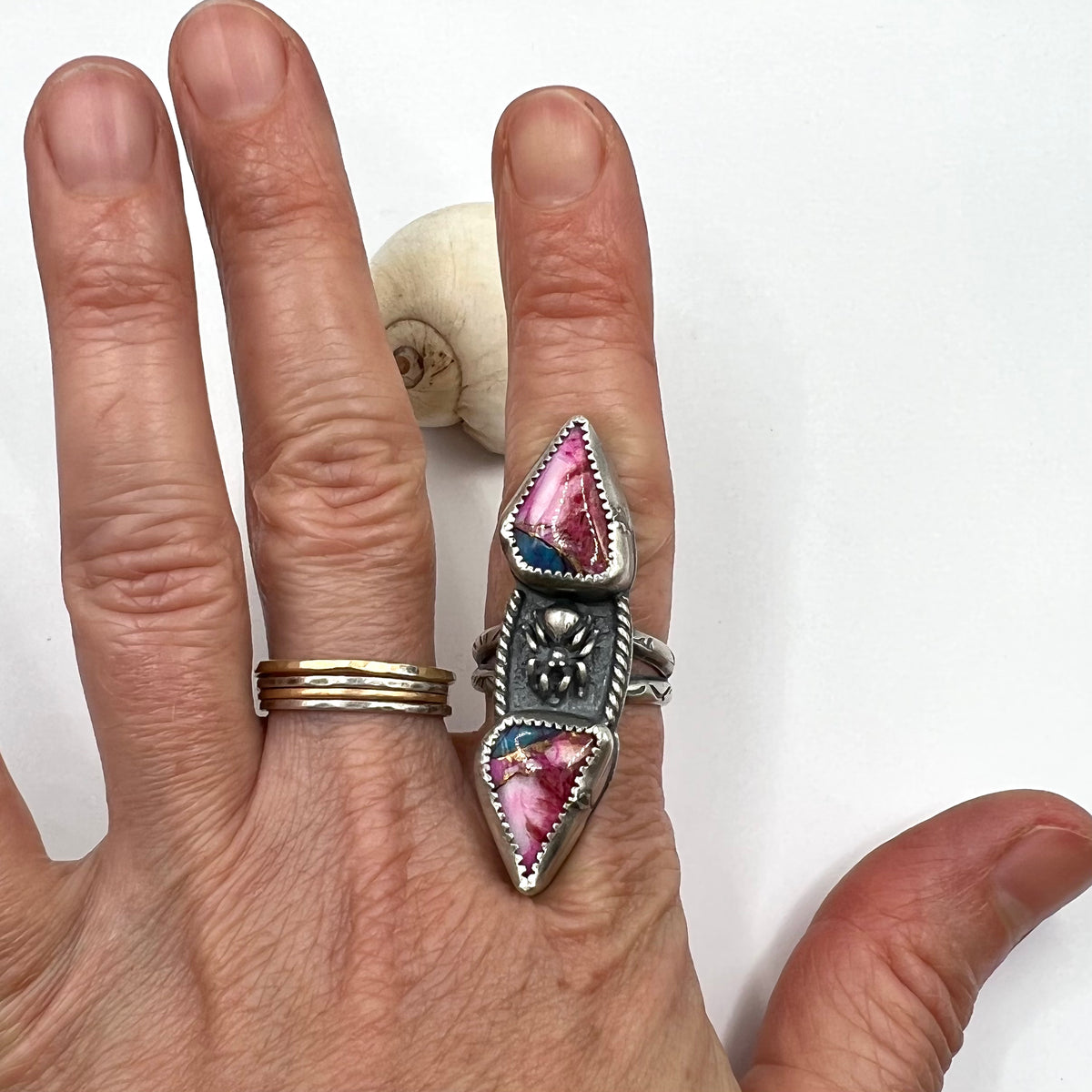 Pink Peruvian Opal Purple Mojave Turquoise  and Spider Ring size 6