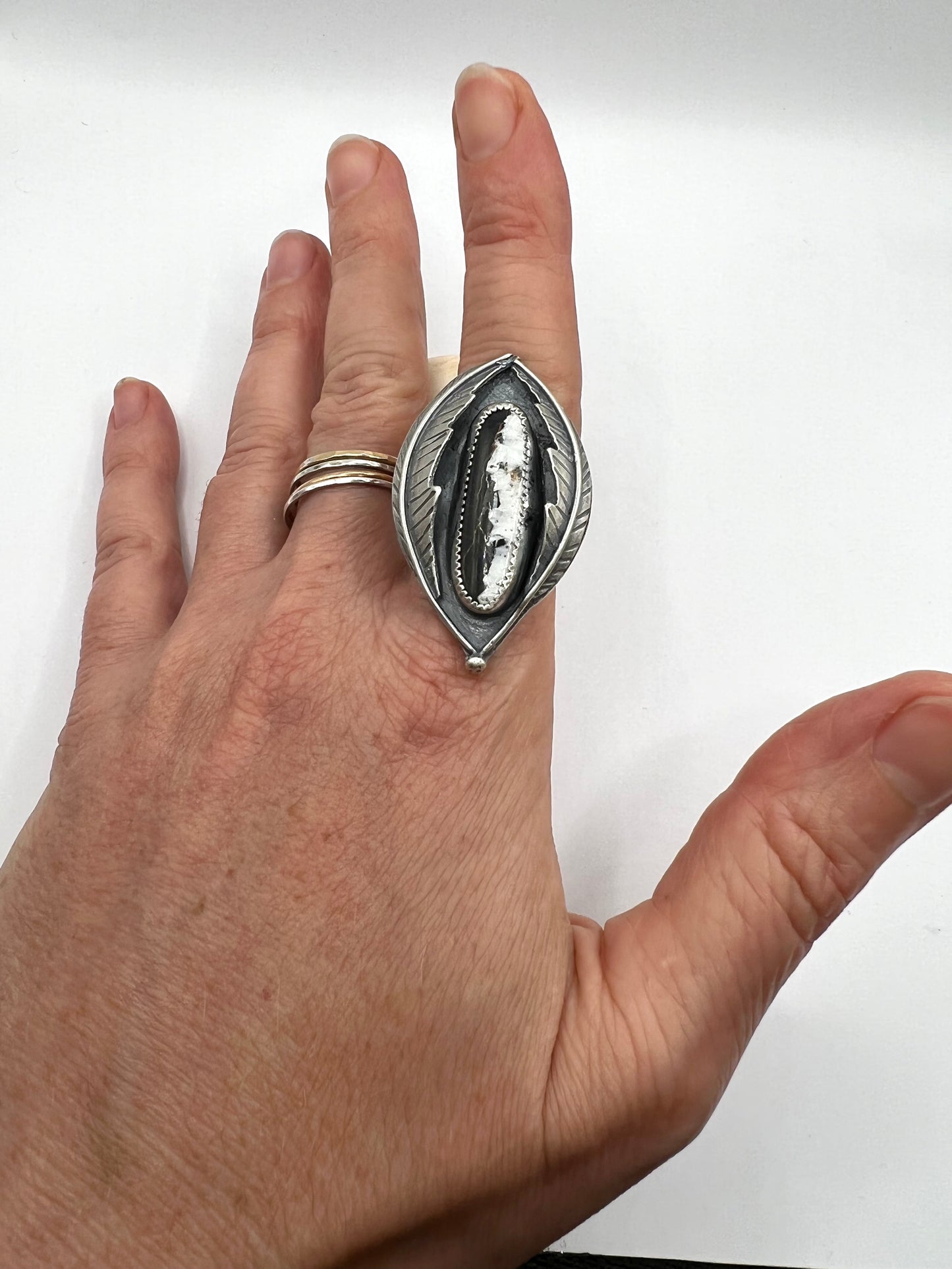 Feather Ring in White Buffalo Turquoise size 9.5