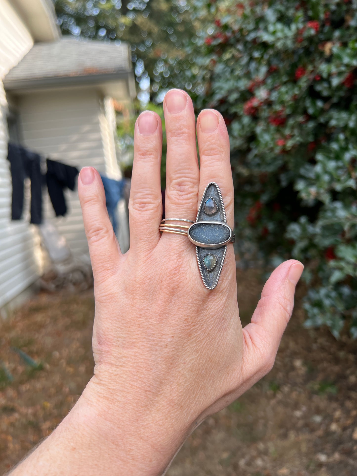 Triple Stone Black Druzy Labradorite Ring size 6.75