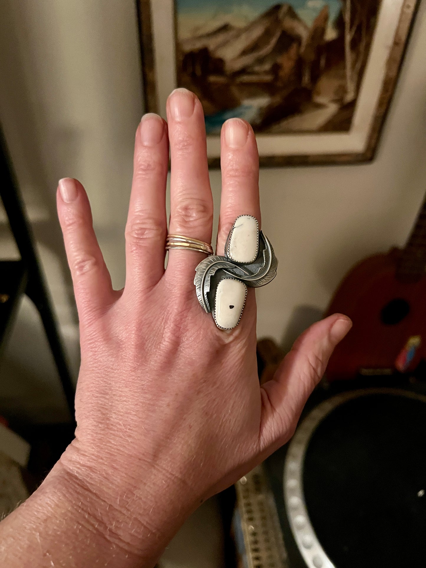 Feather Ring in Double White Buffalo Turquoise size 7.5