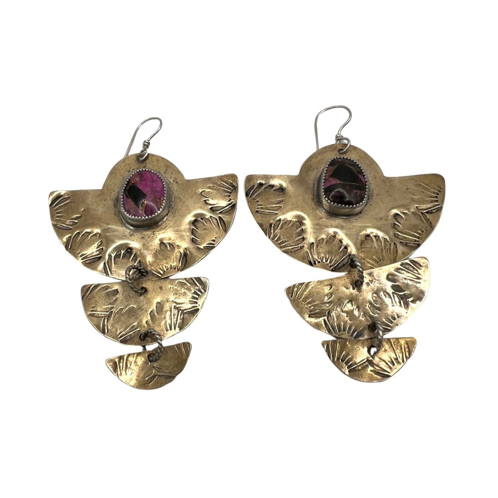 Brass Pink Calcite &amp; Black Onyx Sunbird Earrings
