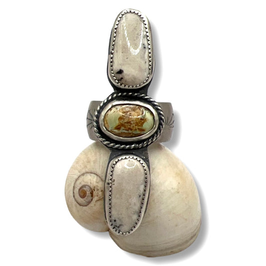 White Buffalo Turquoise and Variscite Triple Stone Ring size 11.5