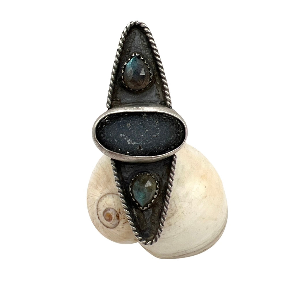 Triple Stone Black Druzy Labradorite Ring size 6.75